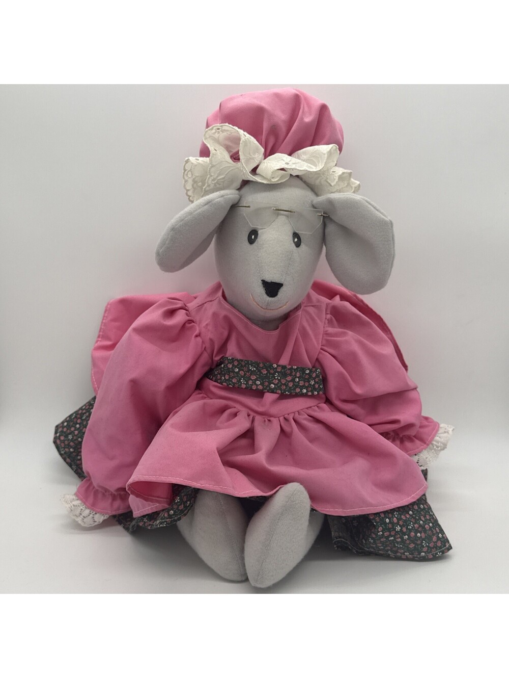 Vtg 15" Grandmother Mouse Plush Victorian Sitting Doll Pink Dress & Bonnet